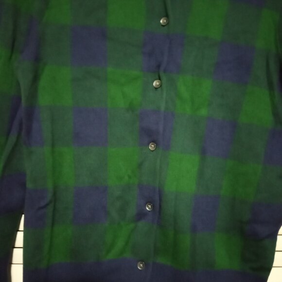 LANDS' END Navy Blue Green Plaid Check Cardigan Sweater SP 6-8 S Ladies Supima - Picture 4 of 6